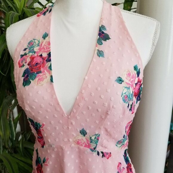 19 COOPER Small Pink Floral Mini Dress V Neck Sleeveless Fit & Flare Halter NWT - Picture 3 of 7